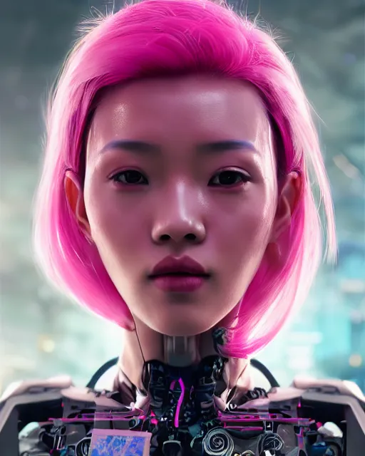 Image similar to portrait of a beautiful thai woman with pink hair as a cyberpunk cyborg half robot, sci - fi, missing panels, intricate abstract upper body intricate artwork, concept art, octane render, deviantart, cinematic, key art, hyperrealism, iridescent accents, portrait photograph, nikon 3 5 mm, photograph by greg rutkowski