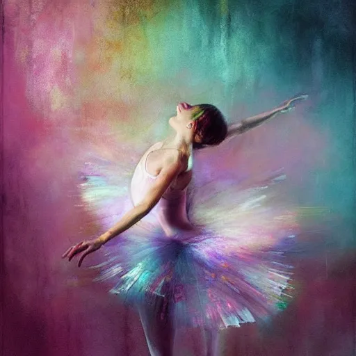 Image similar to ballet dancer movement by cy Twombly and BASTIEN LECOUFFE DEHARME, colorful, iridescent, volumetric lighting, abstract