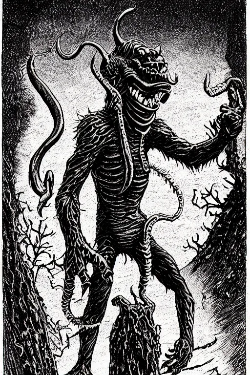 Image similar to the fresno nightcrawler as a d & d monster, full body, pen - and - ink illustration, etching, by russ nicholson, david a trampier, larry elmore, 1 9 8 1, hq scan, intricate details, inside stylized border