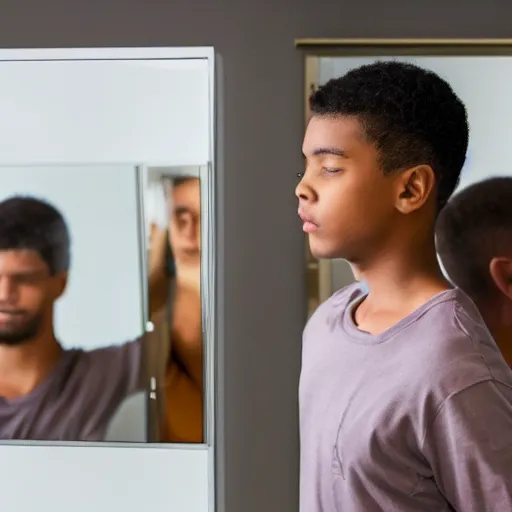 Prompt: a young man looks at an old reflection of himself