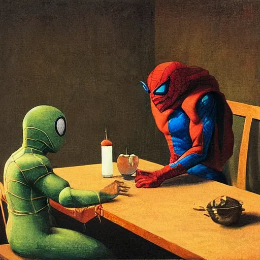 Image similar to Mysterio eating dinner with Spider-Man, artwork by Franz Sedlacek,