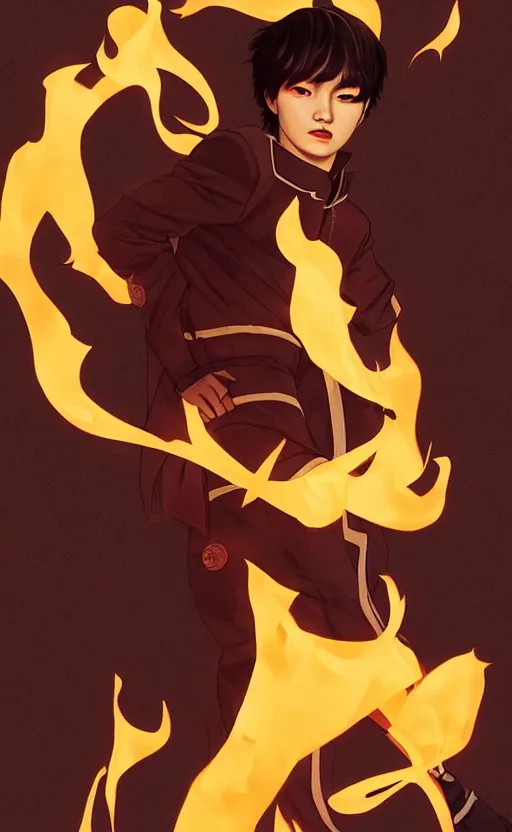 Image similar to MIN YOONGI is ZUKO, night time, dynamic lighting , looking at his FIRE SCAR reflection, +++ super super super dynamic posing, j.c. leyendecker, Valentina Remenar, thick eyebrows, super serious facial expression