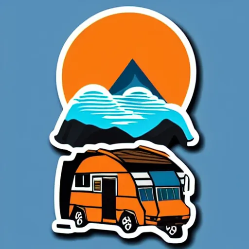 Image similar to sticker of a white and black cute thor chateau! motorhome camper!!, mountains, colorful sunset!!, sticker!! by tom whalen