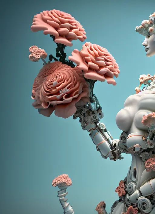 Image similar to biomechanical corals, daisies, roses in sea foam water, well contoured smooth fair walls with marble statue, carrying a bottle of perfume, up close shot, sharp focus, global illumination, radiant light, alexandre ferra white mecha, irakli nadar, octane highly render, 4 k, ultra hd,