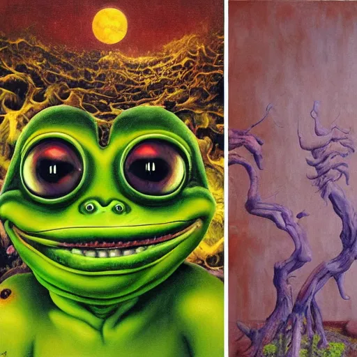 Prompt: a hyperrealistic painting of spooky pepe the frog abducted by portals and aliens in backrooms, random cows, cinematic horror by chris cunningham, lisa frank, richard corben, highly detailed, vivid color, beksinski painting, part by adrian ghenie and gerhard richter. art by takato yamamoto. masterpiece