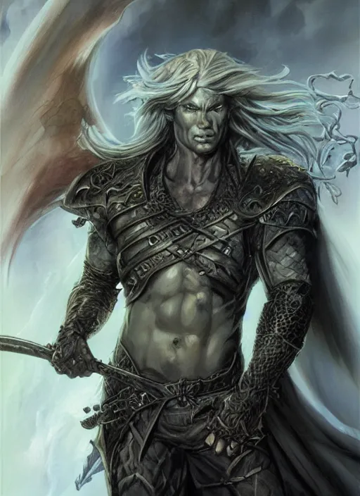 Image similar to a fantasy comic book style portrait of drizzt do'urden, oil painting by boris vallejo and julie bell and luis royo, full body portrait, hyper realistic, hd, intricate, elegant, character design, concept art, cinematic lighting