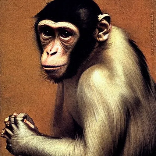 Prompt: a monkey lost deep in thought, portrait, by caravaggio
