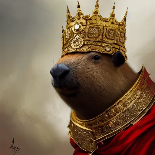 Image similar to detailed photorealistic painting of a capybara wearing a highly detailed ornamented gold crown with diamonds, in a medieval knight armor with red cape , sharp focus in the style of ruan jia, Mandy jurgens, cinematic light, concept art, trending on artstation, ultra realistic