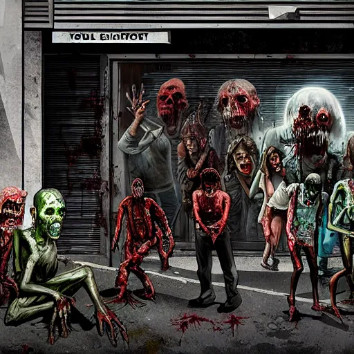 Prompt: people inside an alleyway watching the horde of zombies in the road, sci-fi art, digital art, award-winning