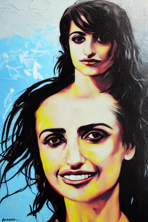 Image similar to oil painting, portrait of penelope cruz, graffiti, splash painting, by bansky