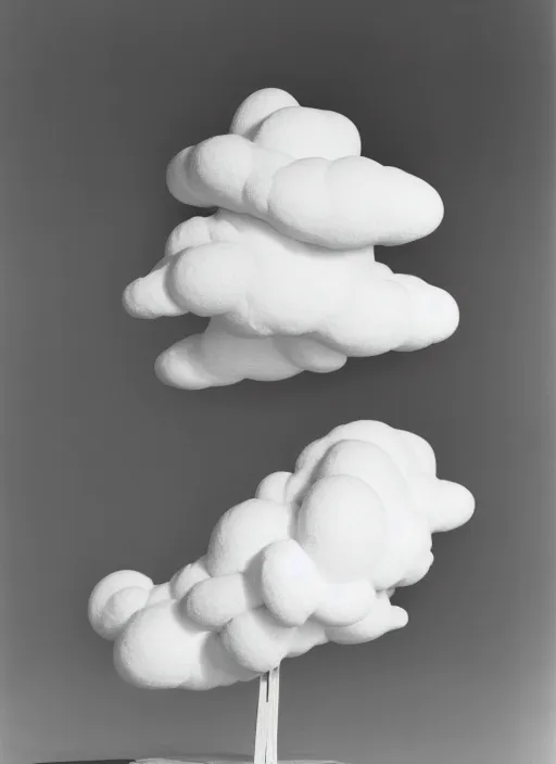 Prompt: realistic photo of a scientific model of white cloud made of white clay, mounted to a wooden stick, front view 1 9 9 0, life magazine reportage photo, metropolitan museum photo