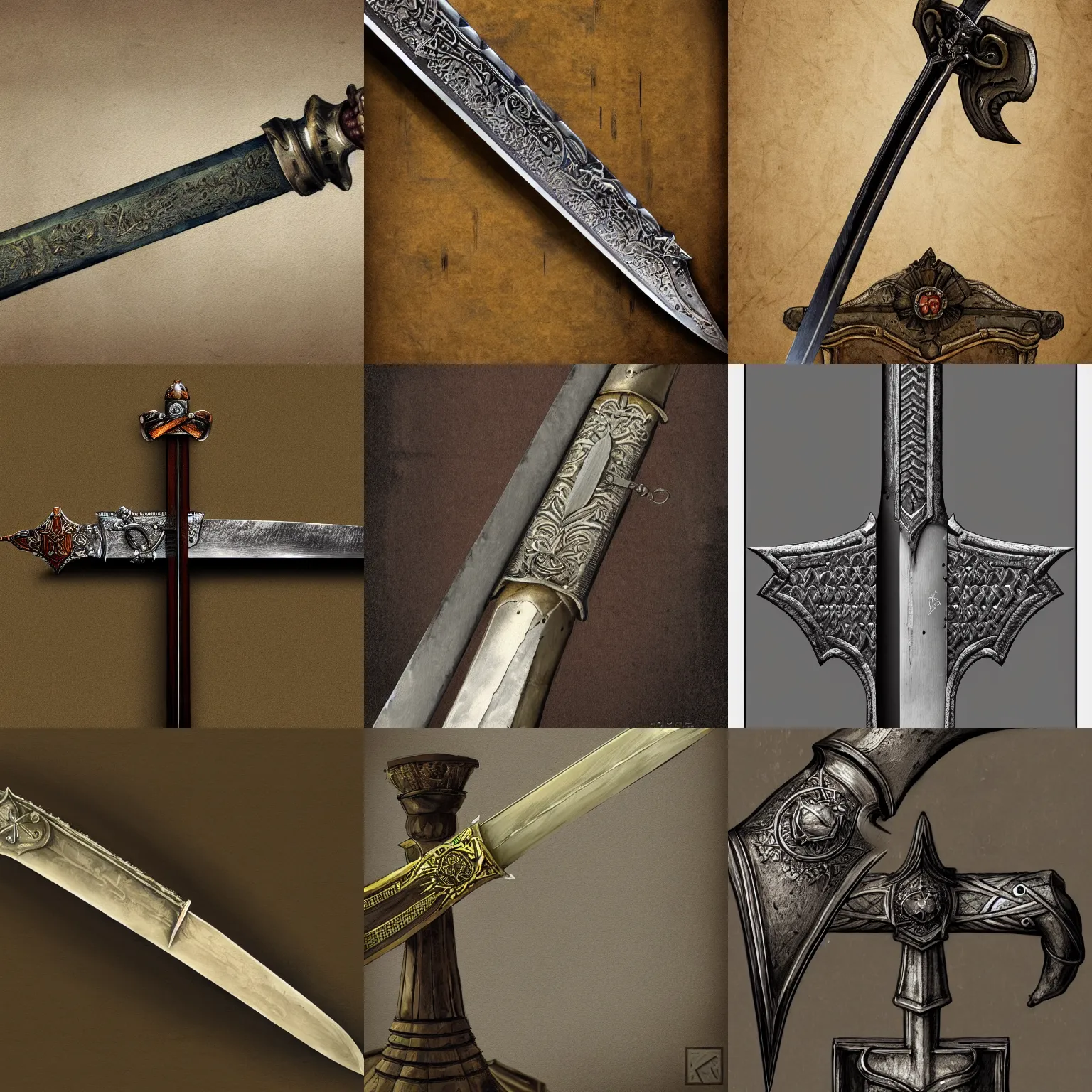 Prompt: medieval sword in arms room, highly detailed, artstation, concept art, sharp focus, rutkoswki, jurgens, grelin