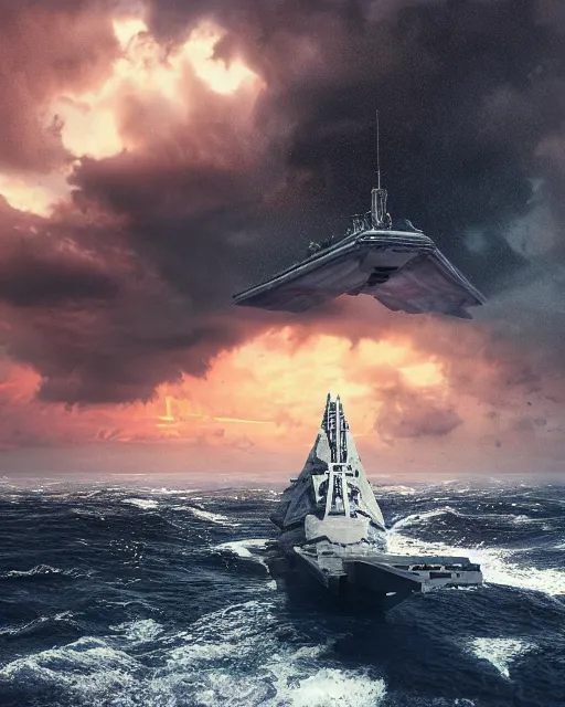 Image similar to scifi action scene of a fishing boat on stormy seas, a gigantic star destroyer spaceship flying overhead, the gigantic star destroyer spaceship is emerging from storm clouds, sunset lighting, stormy weather, dramatic lighting, unreal engine, hyper realism, realistic shading, cinematic composition, realistic render, octane render, detailed textures, photorealistic, ultrawide shot, 1 6 mm lens