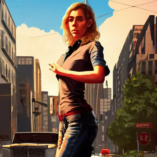 Image similar to vanessa kirby in gta v, cover art by stephen bliss, artstation, no text