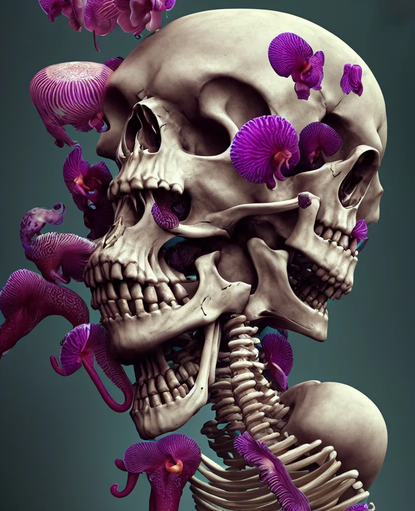 Image similar to goddess close - up portrait human skeleton, ram skull, squid phoenix jellyfish, orchid, betta fish, bioluminiscent, intricate artwork by tooth wu and wlop and beeple. octane render, trending on artstation, greg rutkowski very coherent symmetrical artwork. cinematic, hyper realism, high detail, octane render, 8 k