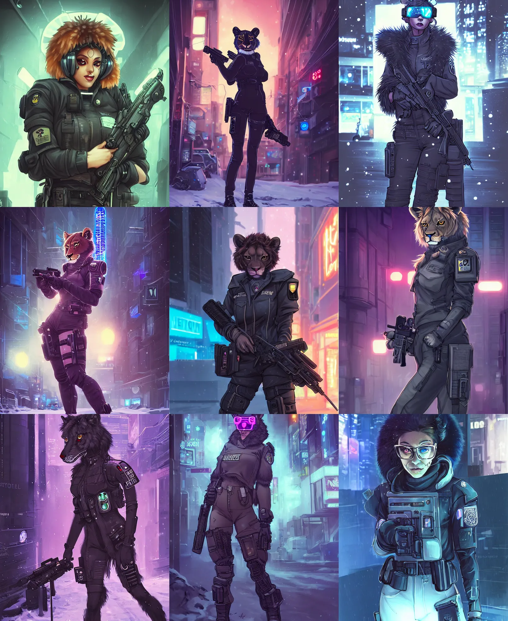 Image similar to beautiful furry art portrait commission of a female furry anthro lioness fursona wearing a tactical cyberpunk swat uniform in the streets of a cyberpunk city at night in the snow. neon light. character design by charlie bowater, ross tran, artgerm, and makoto shinkai, detailed, inked, western comic book art