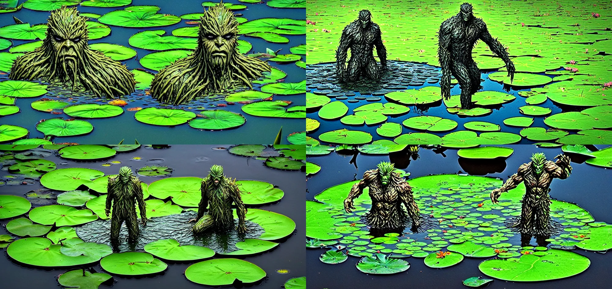 Prompt: Swamp thing on a lily pad in a pond