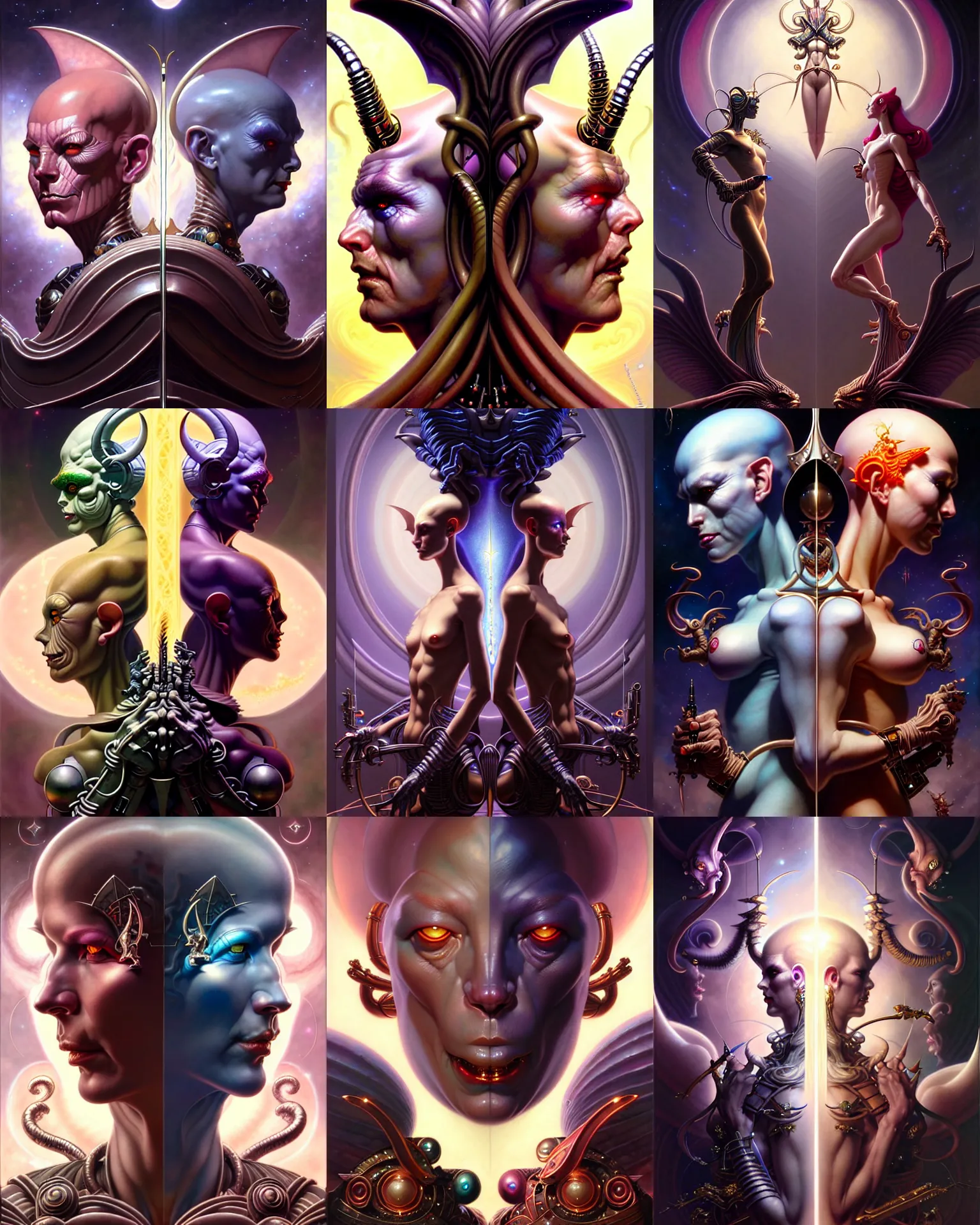 Image similar to beautiful gemini good and evil fantasy character portrait, ultra realistic, wide angle, intricate details, the fifth element artifacts, highly detailed by peter mohrbacher, hajime sorayama, wayne barlowe, boris vallejo, aaron horkey, gaston bussiere, craig mullins