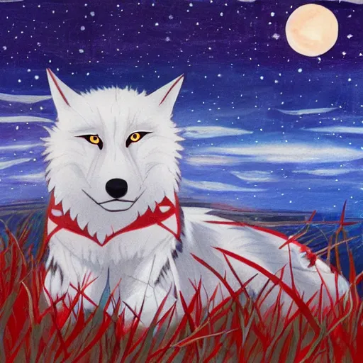 Prompt: okami white wolf with red tattoos resting under a sky full of stars by a deep river, calm, acrylic on canvas, okami, cel shaded, painting, trending on artstation