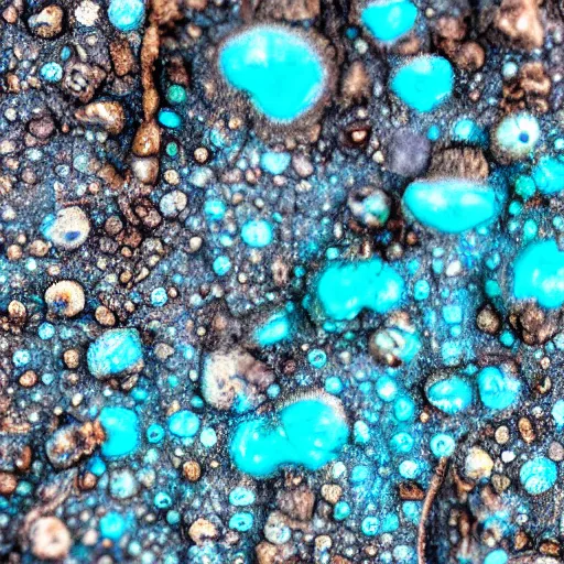 Image similar to a close up of a rock with blue and green beads, a macro photograph of chlorociboria by benoit b. mandelbrot, rhizomorphic fungus mycelium hyphae, trending on unsplash, ecological art, bioluminescence, macro lens, macro photography