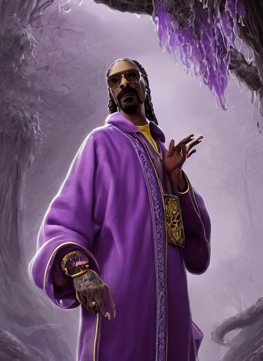 Image similar to snoop dogg as a mage, short beard, grumpy, intricate purple robes, Ivan Aivakovsky, Boris Vallejo, epic fantasy character art, D&D Concept Art, full length, ultra Realistic, Regal, Refined, Detailed Digital Art, Exquisite detail, post-processing, masterpiece, Cinematic Lighting, Unreal Engine, 8k, HD,