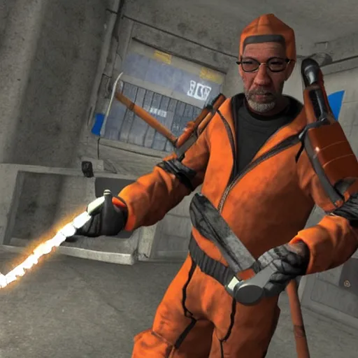 Prompt: Morgan Freeman as Gordon Freeman in Half-Life 2, wearing the HEV suit and holding a crowbar