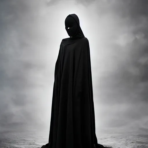 Image similar to a portrait of a young black woman wearing a long dark cloak, hood and shadows covering face, anatomically correct, beautiful perfect face, enigmatic, oil painting, matte painting, black background, Volumetric dynamic lighting, Highly Detailed, Cinematic Lighting, Unreal Engine, 8k, HD, by Beksinski