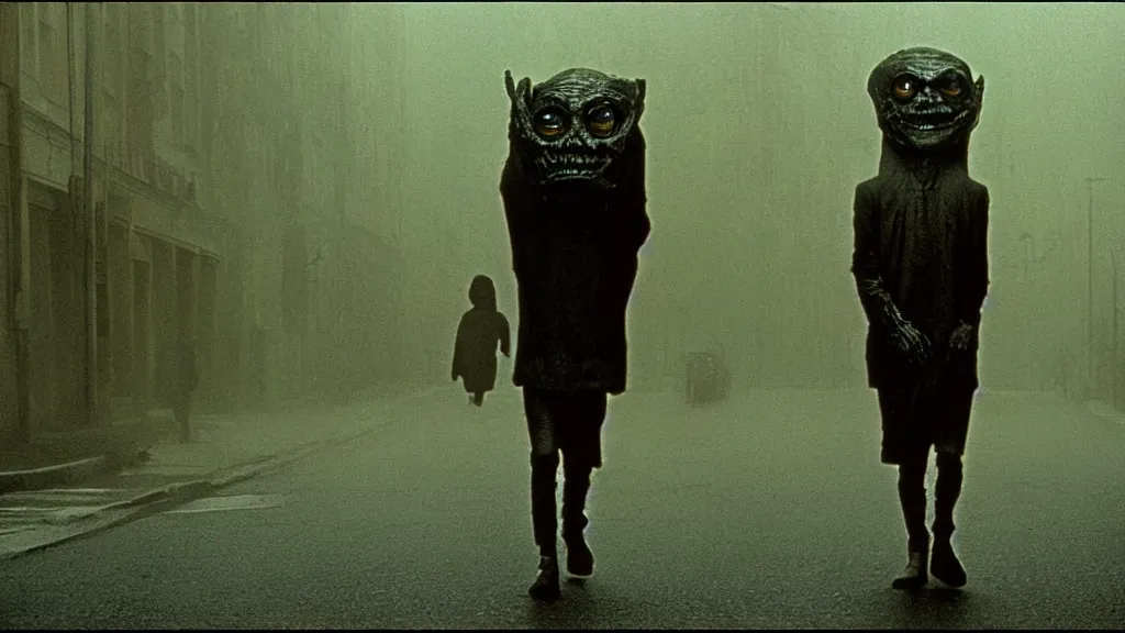 Image similar to a creepy creature walks down the street, film still from the movie directed by Martin Scorsese with art direction by Zdzisław Beksiński