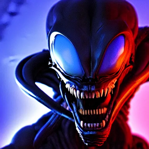 Image similar to a xenomorph looking menacingly at the camera, dramatic blue lighting