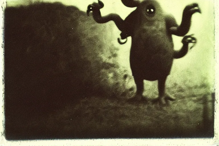 Image similar to dark old polaroid of an weird monster in the world of oz