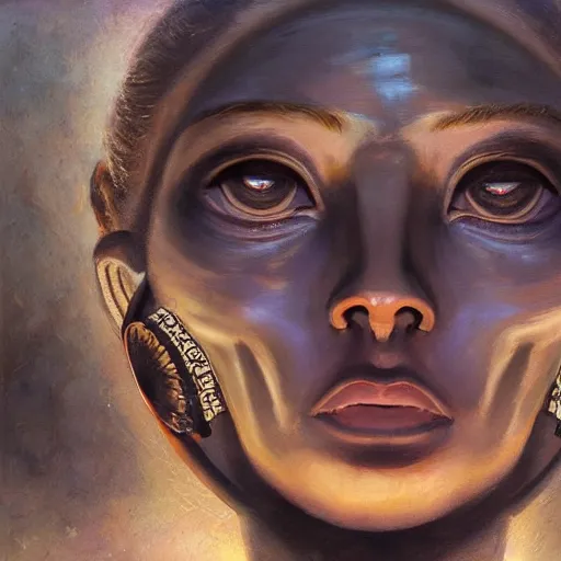 Image similar to detailed face of a woman with obsidian eyes in a biomorphic courtyard with dna sculptures at a science expo, atmospheric, ambient, pj crook, syd mead, livia prima, artgerm, greg rutkowski, nick alm, casey baugh