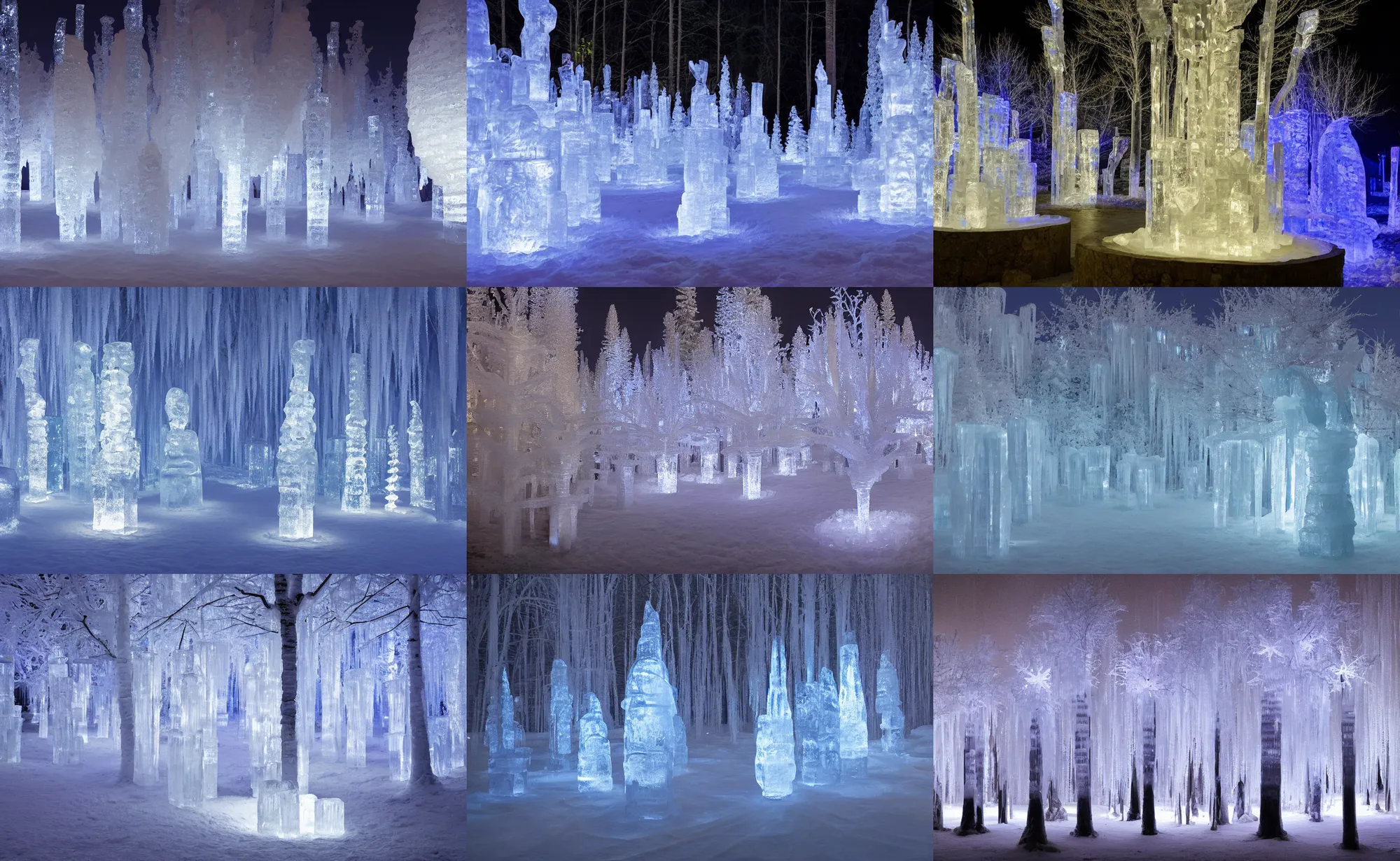 Prompt: ice sculpture tree forest at night with ice sculpture flowers and nature, cold ambient light, artwork by gerald brom, 4 k, masterpiece,