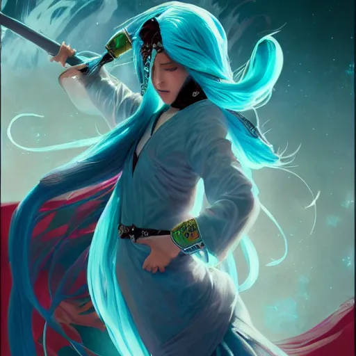 Prompt: a beautiful portrait of hatsune miku with teal colored hair with deep red highlights as a jedi, space fantasy, in the style of magic the gathering, intricate, elegant, highly detailed, digital painting, artstation, concept art, matte, sharp focus, illustration, art by greg rutkowski and alphonse mucha