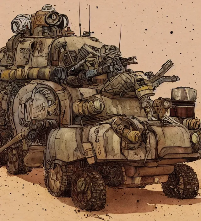 Prompt: a watercolor ink painting of a post - apocalyptic mad max / fallout style tank in the style of jean giraud in the style of moebius trending on artstation deviantart pinterest detailed realistic hd 8 k high resolution