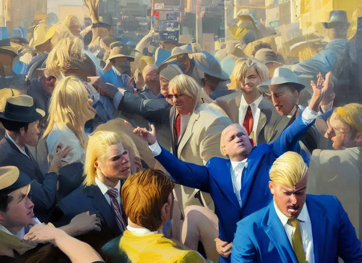 Image similar to greg manchess portrait of a blond man in a blue suit wounded surrounded by a crowd, organic painting, sunny day, matte painting, bold shapes, hard edges, street art, trending on artstation, by huang guangjian, gil elvgren, ruan jia, randy vargas, greg rutkowski