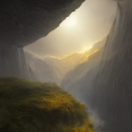 Prompt: a tunnel in the sky with a light at the end, a detailed matte painting by john martin, cgsociety, fantasy art, matte painting, volumetric lighting, terragen