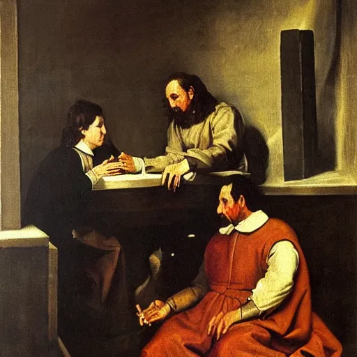 Prompt: francisco de miranda in the jail playing uno fine art, oil on canvas baroque style 1 6 5 6 by diego velasquez.