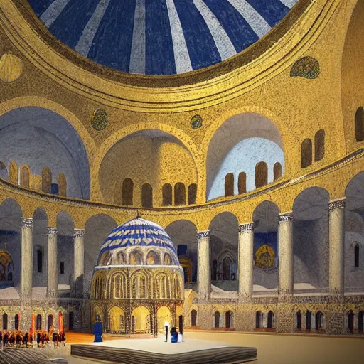 Image similar to divine liturgy being held inside the hagia sophia church, highly detailed, digital painting, concept art, sharp focus, by makoto shinkai