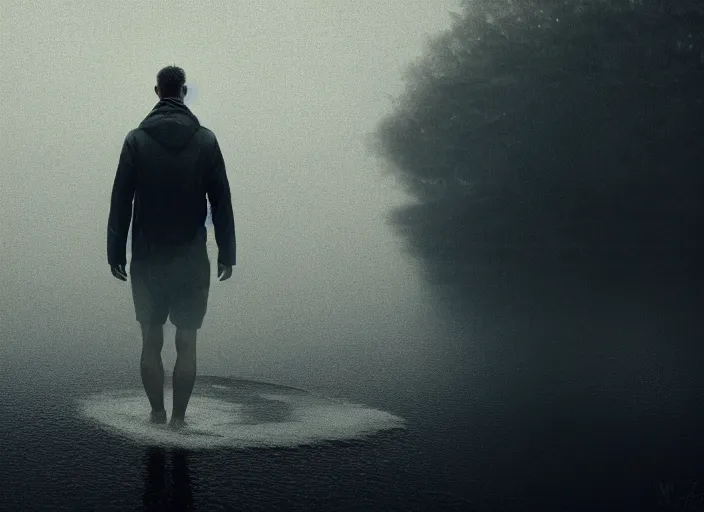 Image similar to portrait of a man who enters the water, fog, rain, volumetric lighting, beautiful, mystique, golden hour, sharp focus, ultra detailed, concept art, jan urschel, dylan cole, noir art house, 4 k, 3 5 mm, fujifilm