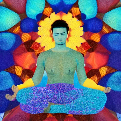 Image similar to A beautiful photograph of a man with a large head, sitting in what appears to be a meditative pose. His eyes are closed and he has a serene look on his face. His body is made up of colorful geometric shapes and patterns that twist and turn in different directions. It's almost as if he's sitting in the middle of a kaleidoscope! peach, rococopunk by Phoebe Anna Traquair stormy