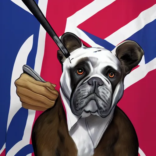 Image similar to a close up portrait of a british bully with a bat in one hand and the brexit flag in the other one, 2d, ultra highly detailed, digital painting, smooth, sharp focus, artstation, pixiv, art by Ilya Kuvshinov