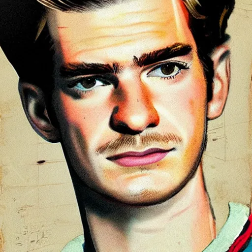 Image similar to “Andrew Garfield portrait, color vintage magazine illustration 1950”