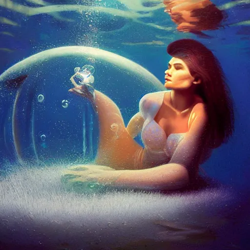 Image similar to portrait of a woman underwater, flowing hair, bubbles, currents, neutrino detector dome sphere, wet reflections, prism, atmospheric, ambient, pj crook, syd mead, livia prima, artgerm, greg rutkowski, nick alm, casey baugh