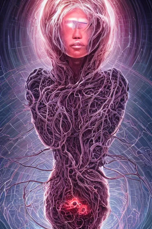 Prompt: beautiful possessed korean female android fused with lovecraft, cosmic entity, the thing, the blob, cable wires as hair, ghostly, holes in the lower jaw, gnarly, portrait, intricate details, by vincent di fate, artgerm, julie bell, beeple and Greg Rutkowski, 80s, concept, Smooth gradients, octane render, 8k, High contrast, duo tone, depth of field, very coherent symmetrical artwork