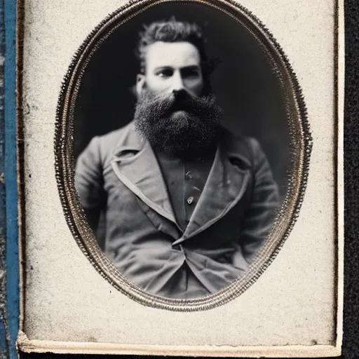 Image similar to daguerrotype of a bearded man wearing futuristic clothes, dreadlocks 1 9 0 0