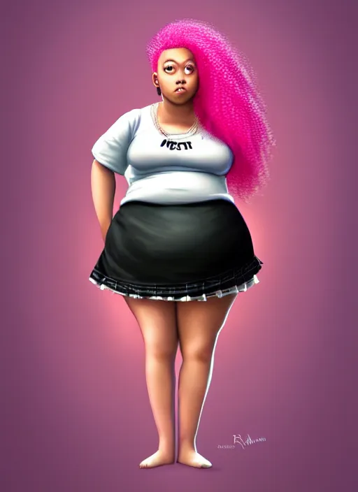 Image similar to full body portrait, teenage vanessa morgan, pink hair, obese, curly pixie hair, sultry, realistic, short hair, hoop earrings, skirt, shirt, fat, belly, black girl, intricate, elegant, highly detailed, digital painting, artstation, concept art, smooth, sharp focus, illustration, art by wlop, mars ravelo and greg rutkowski