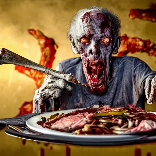 Image similar to an ultra realistic 8 k hdr photo of an elderly haggered raggedy zombie vampire eats a plate of skin and meat and blood and bones and tendons scary picture