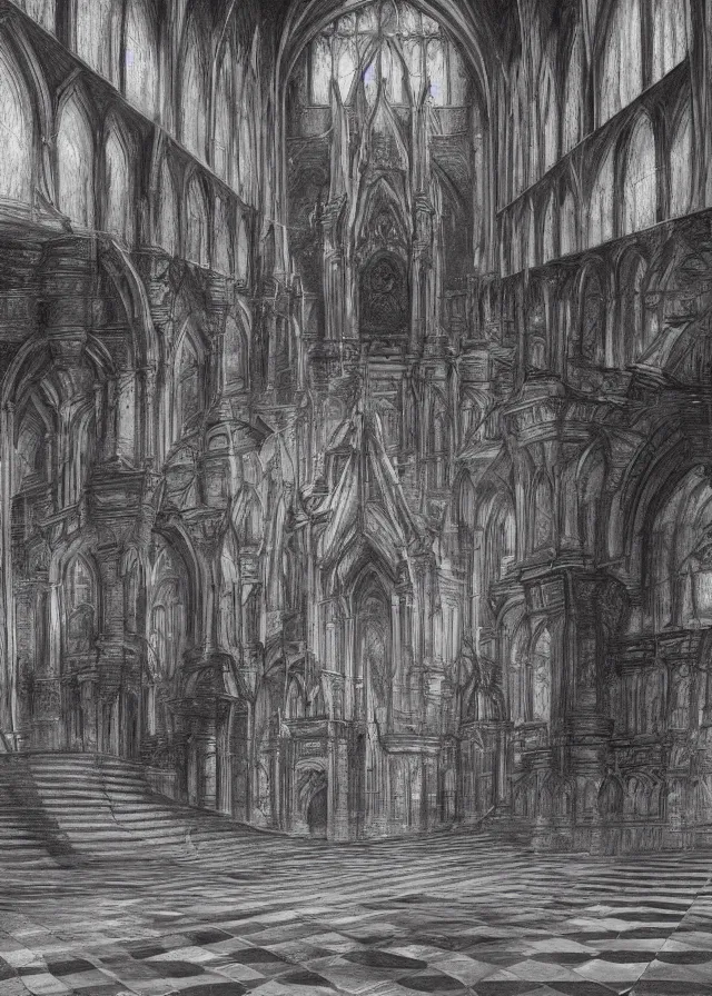Image similar to interior of a satanic cathedral with checkered floor, pencil, concept art, detailed, 4k, artstation