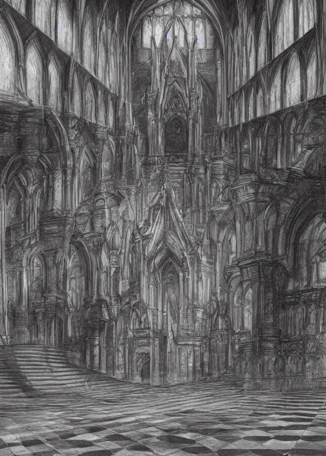 Prompt: interior of a satanic cathedral with checkered floor, pencil, concept art, detailed, 4k, artstation