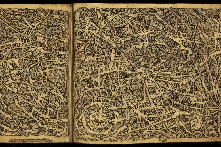 Prompt: intricate detailed ancient map of the regions of hell and the dimensions of the damned, inferno flames demons daemons purgatory limbo, technical cartography with annotations and notes in the margins